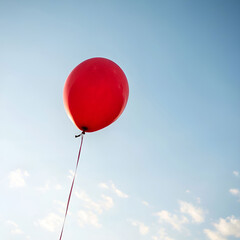 A single giant red balloon floats gracefully in a bright, clear sky.