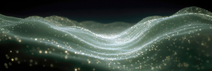 Banner with A futuristic abstract representation of wavy green lines with glowing particles and connections on a black background.