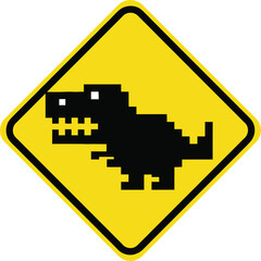 Fototapeta premium A yellow diamond-shaped warning sign with a pixelated black silhouette of a T-Rex dinosaur.