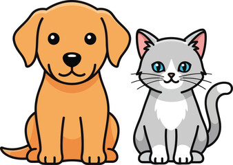 A cute cartoon illustration of a golden puppy and a grey kitten sitting together.