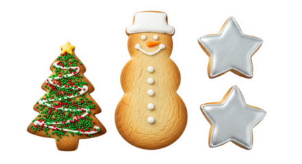 Ai generated image of christmas cookies in the shape of a tree, snowman, and stars isolated on transparent background