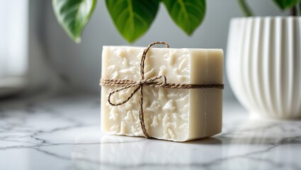 Handmade natural soap bar wrapped in paper and tied with twine on marble surface