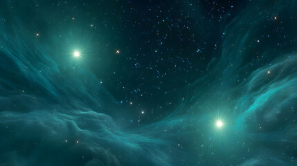 Fototapeta premium Teal And Green Cosmic Nebula With Bright Stars In Dark Space