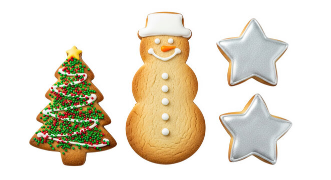 Ai generated image of christmas cookies in the shape of a tree, snowman, and stars isolated on transparent background