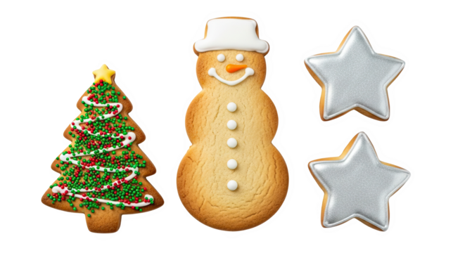 Ai generated image of christmas cookies in the shape of a tree, snowman, and stars isolated on transparent background