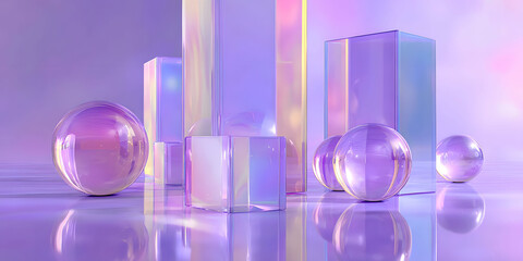 Abstract Pastel Purple Glass Spheres and Geometric Shapes on Reflective Surface