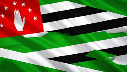Flag of Abkhazia presented in bold horizontal format—seven alternating green and white stripes beneath red canton; white open hand centered within canton, arched by seven stars, symbolizes peace, open