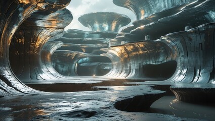 Eroded Metalscape: A canyon of otherworldly metal formations gleams under a pale sky.