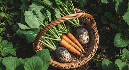 Harvested vegetables in wicker basket with carrots and turnips amidst green leaves