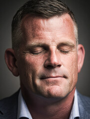 Obraz premium A close-up portrait of a middle-aged man with closed eyes, showing textured skin and a calm, introspective expression.