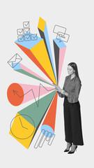 Collage of focused woman using tablet surrounded by icons of digital tools and performance metrics....