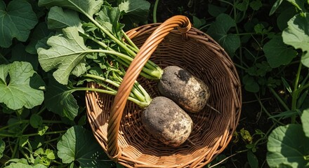 Harvested black radishes in a rustic wicker basket amidst lush garden foliage