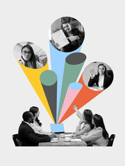 Colorful collage of office team pointing at laptop while remote colleagues join with mixed...