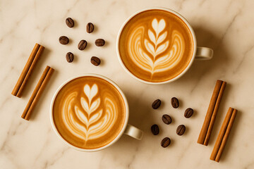 Two cups of coffee with latte art and cinnamon sticks and beans