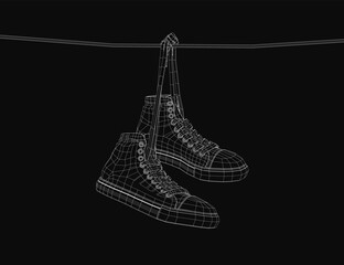A pair of sneakers hangs on a clothes line against a black background, rendered in detailed 3D for a realistic appearance. The wireframe structure highlights the shoe design while the rope adds.