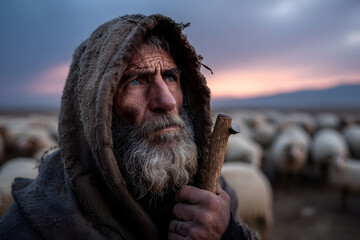 Portrait of Weathered Shepherd with Flock of Sheep at Sunset