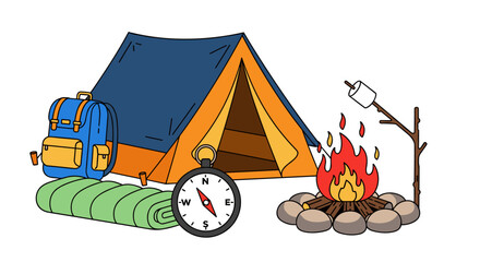 Camping adventure illustration featuring a tent, backpack, sleeping bag, compass, campfire, and marshmallow, perfect for travel blogs, outdoor gear websites, and adventure publications.