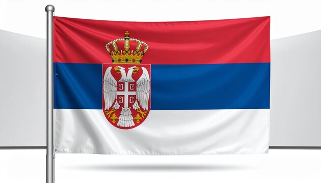 Serbia national flag mounted on desk stand against soft gray backdrop; horizontal red, blue, and white tricolor supports central coat of arms with crowned double-headed eagle, gold details, and cross 
