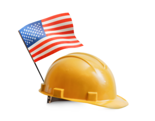 Construction helmet with American flag on white isolated background. labor day concept