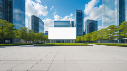Modern city billboard mockup with blank white screen in urban plaza, perfect for advertising, branding, and outdoor marketing presentations.