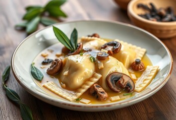Delicate mushroom ravioli, bathed in brown butter sage sauce, Ravioli,  appetizing