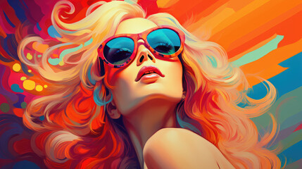 Smiling Fashion Model with Curly Blonde Hair and Sunglasses, AI Generated Portrait