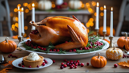 Whole roasted chicken Thanksgiving turkey with cranberries and herbs on white platter, ideal for holiday feast, festive food display, and seasonal celebration visuals.
