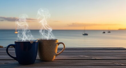 Serene Coastal Coffee: Two steaming mugs of coffee grace a weathered wooden deck, offering a tranquil view of the calm sea and distant sailboats at dawn, celebrating peace 