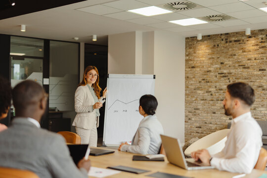 Businesswoman giving presentation on white board during office meeting