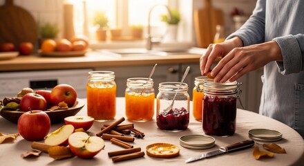 Homemade apple jam preparation with cinnamon sticks and kitchen background scene
