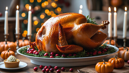 Whole roasted chicken centerpiece with apple pie dessert and pumpkins, perfect for Thanksgiving dinner, food styling, and warm autumn holiday atmosphere.