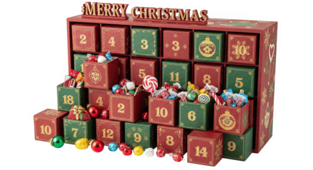 Ai generated image of christmas advent calendar filled with gifts and candy isolated isolated on transparent background
