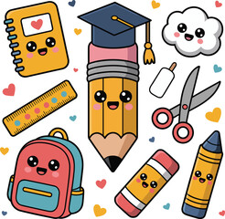 Adorable kawaii school supplies featuring a graduation cap on a pencil