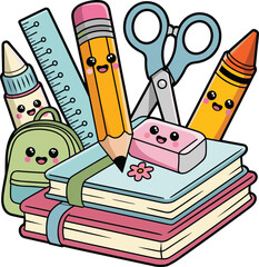 Adorable kawaii school supplies featuring books pencils eraser scissors and backpack
