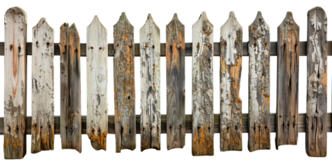 old wooden fence with rustic paint isolated on white or transparent png