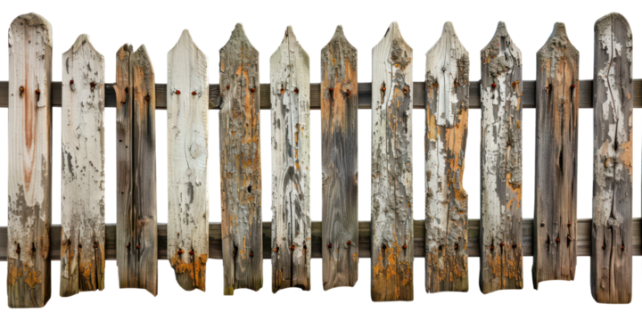 old wooden fence with rustic paint isolated on white or transparent png