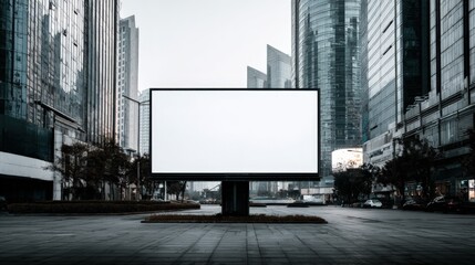 Obraz premium Large Empty Digital Billboard in Modern Cityscape with Skyscrapers and Glass Buildings du Daylight for Advertising and Business Promotion