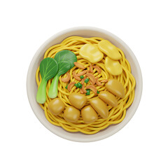 Top-down 3D rendering of a savory bowl of Asian noodles with bok choy, meatballs, and garnish, isolated on a white background.