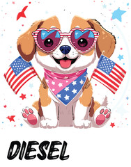 Kawaii Patriotic Puppy with Heart Sunglasses and American Flags – Cute Sticker-Style Illustration on Black Background