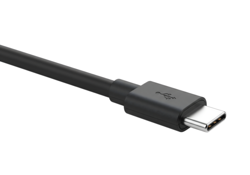 Modern black USB type C connector charging cable for technology. Isolated on transparent background, png
