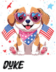 Kawaii Patriotic Puppy with Heart Sunglasses and American Flags – Cute Sticker-Style Illustration on Black Background