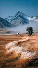 Dry Grass Field with Fog and Distant Hills. High quality