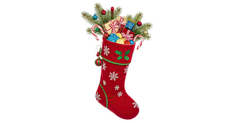 Ai generated image of a red christmas stocking overflowing with gifts and candy canes isolated on transparent background