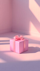 Fototapeta premium Pink Gift Box with Ribbon in Sunlit Room Corner