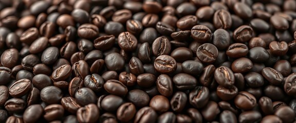 Fototapeta premium Rich, dark coffee beans close-up, showcasing texture and detail, aroma, roasted coffee beans