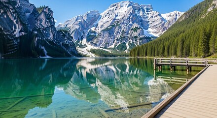 Idyllic reflection of the Dolomites in Lake Braies, Italy's scenic alpine beauty