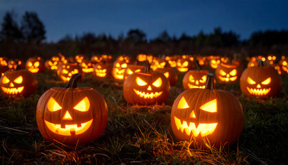 Fototapeta premium Halloween pumpkins in field at night