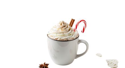 Ai generated image of a mug of hot chocolate topped with whipped cream and candy cane isolated on transparent background