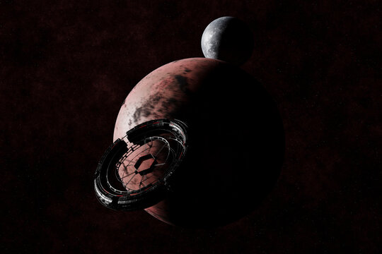Futuristic starship base orbiting Mars in deep space exploration