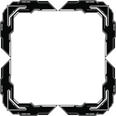 Futuristic geometric frame with sharp angles and metallic accents, evoking a sci-fi or technological aesthetic.